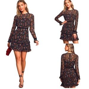 Lulu’s Floral to See Black Ruffled Long Sleeved Chiffon Dress Size Large
